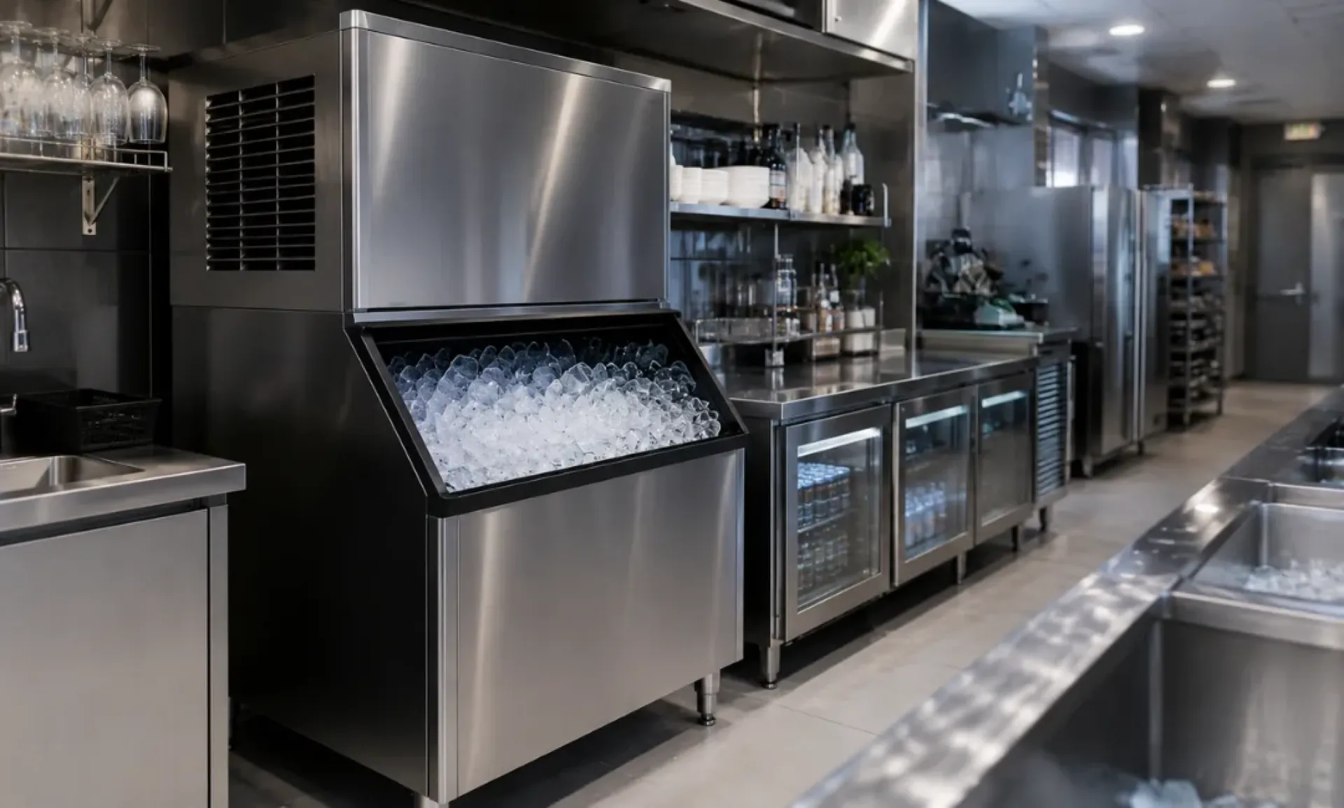 Commercial ice machine in a stainless steel kitchen