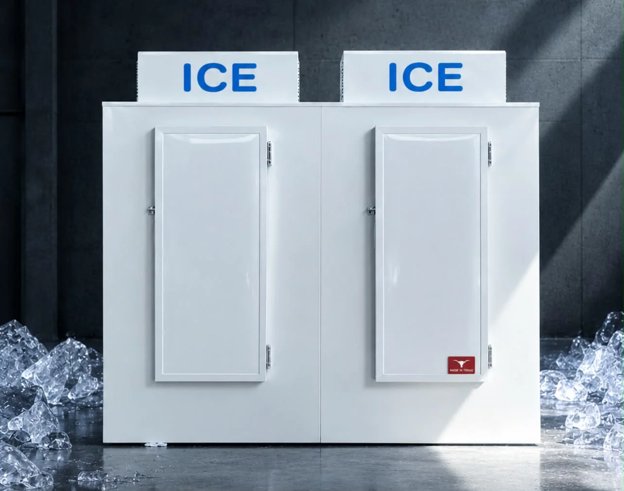 PolarForce two-door ice merchandiser surrounded by ice